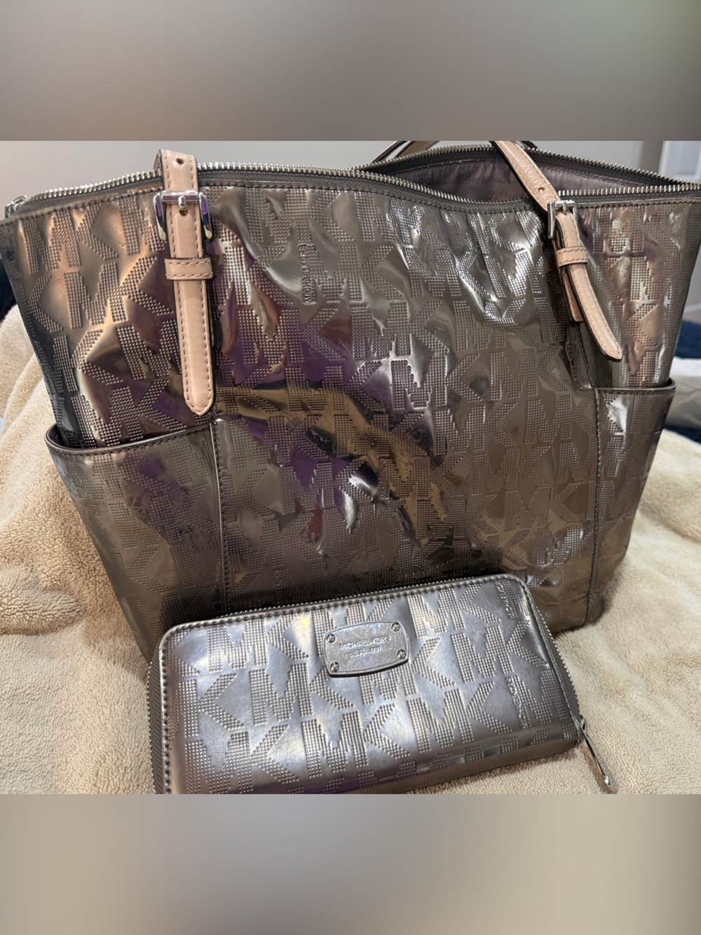 Michael Kors Metallic Pewter Logo Tote with Matching Wallet